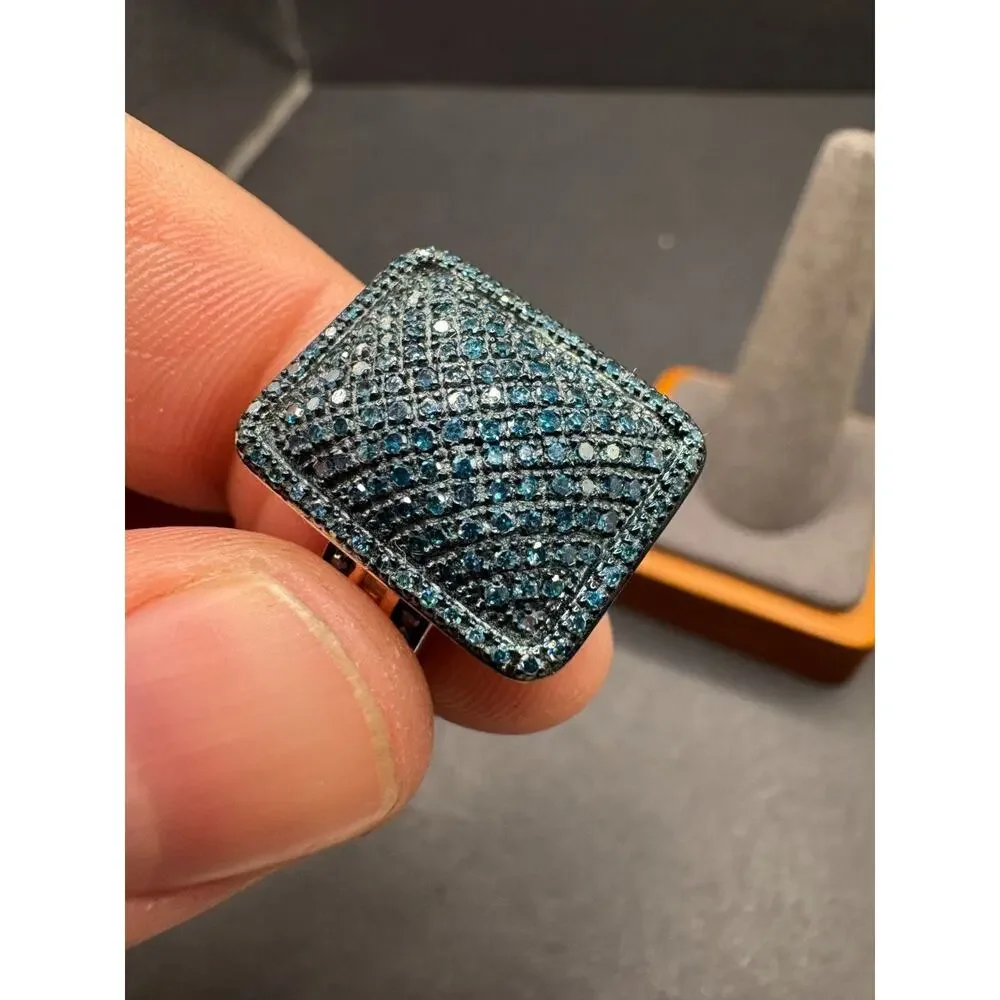 D’Joy 925 Sterling Silver Blue & White Diamond Pave Cocktail Ring Size 10.25